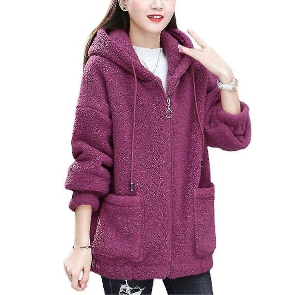 Hhcx-damebamse med lynlås frakke Fluffy jakke Vinter varm hættetrøje outwear Purple Red L