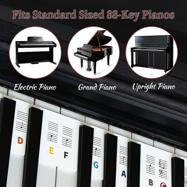 Avtagbara pianoklaviaturetiketter, pianonotguide för nybörjare, 88-tangenters fullstorlek, silikonklaviaturklistermärken