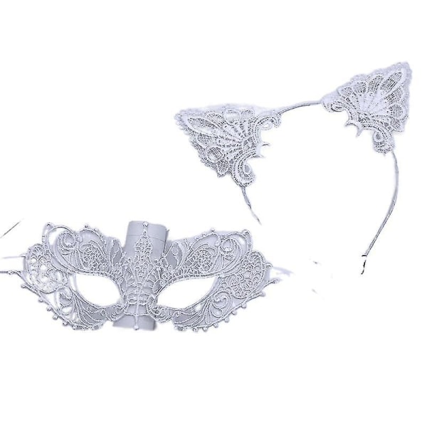 Halloween rekvisitter Cute Bell Cat Dress Up White Lace Mask Cat Ører Pandebånd Prom Blindfold Set White necklace