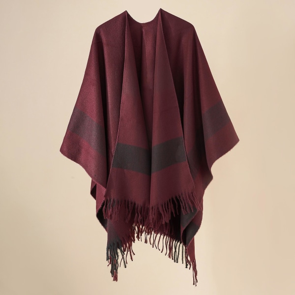 Gradient rutig sjal med cape höst- och vinterfilt varm fransad sjal Claret 160*128cm