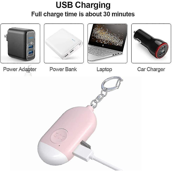 Personligt larm 130db USB Uppladdningsbart Ficklarm Med Led Ficklampa Funktion Vattentät Black