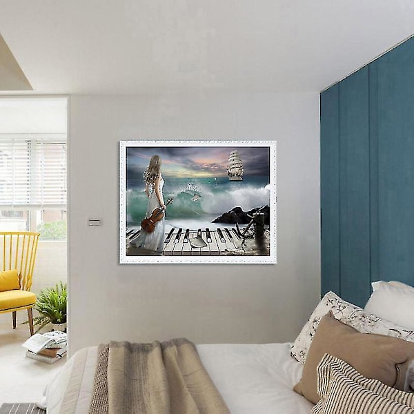 5d Diamod Mosaic Brodeerry Sea Piano Beauty Naiset Ristipisto Kodinsisustus 40x30cm