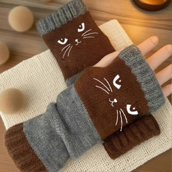 【BQ】Kat Splejsning Strikkede Handsker Strikkede Fingerløse Handsker Touch Screen Vinter Varme Patchwork Broderede Handsker Purple