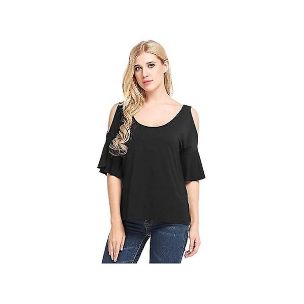 Nya kvinnor Casual Båthals Flare ärm Off Shoulder Elastisk tröja T-shirt-svart