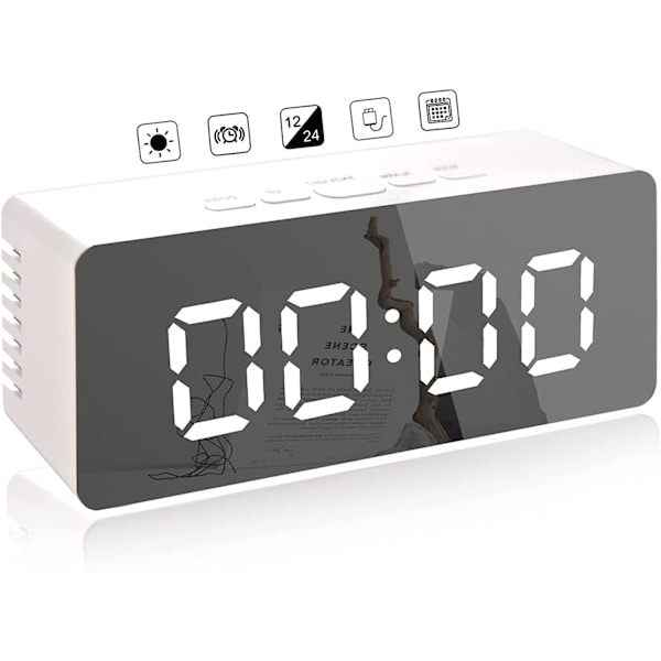 Creative Digital Mirror Alarm, Led Bedside Klocka med Temperatur, Snooze, Voice Control Makeup Mirror Justerbar Ljusstyrka Led Carousel Clock Dual Pu