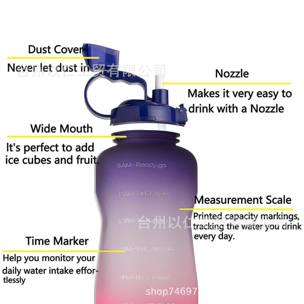 2000 ml motiverende utendørs vannflaske med tidsmarkør og sugerør, lekkasjesikker Tritan Bpasports flaske GreenPurple