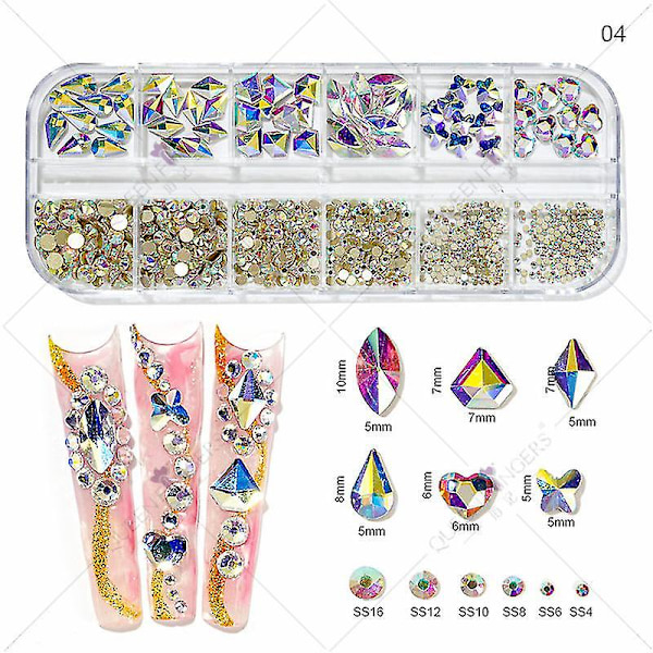 3d Glitter Nail Art Ab/färgglad Hotfix Rhinestones Flatback Crystal Diamond Gems Multi Size12 Gird Style 4