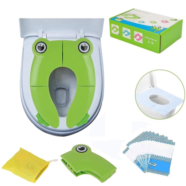 Bærbart toalettsett med bæreveske og 10 pakker engangstoalettsetetrekk frog green