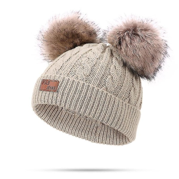 Toddler yllehatt Vinter Dubbel Pom Pom Stickad mössa Cap Beige