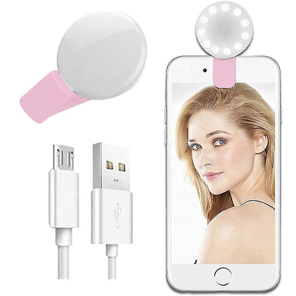 Selfie Clip On Ring Light, Mini Genopladelig Justerbar Lysstyrke