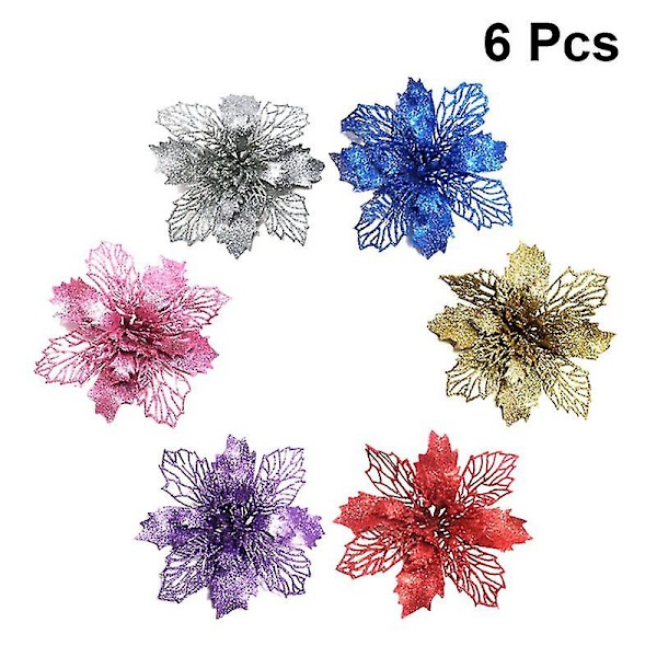6 stk juletre dekorative blomsterglitter Simulere blomsterdekorasjoner Delikat uthulte blomster Juleutstyr (gylden + rød + rosa + blå + si