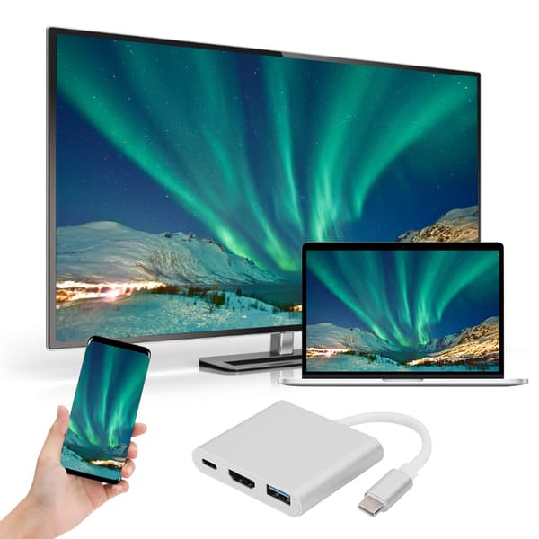 Type C til HDMI-adapter 3 i 1 Bærbar Multifunksjonell Metallskall Sølv