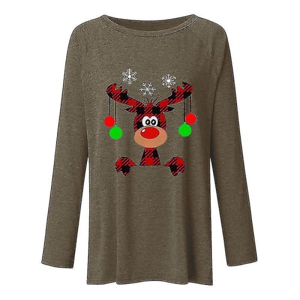 Hhcx-christmas Xmas Reindeer Print Women T-shirt Blouse Longline Top Brown L