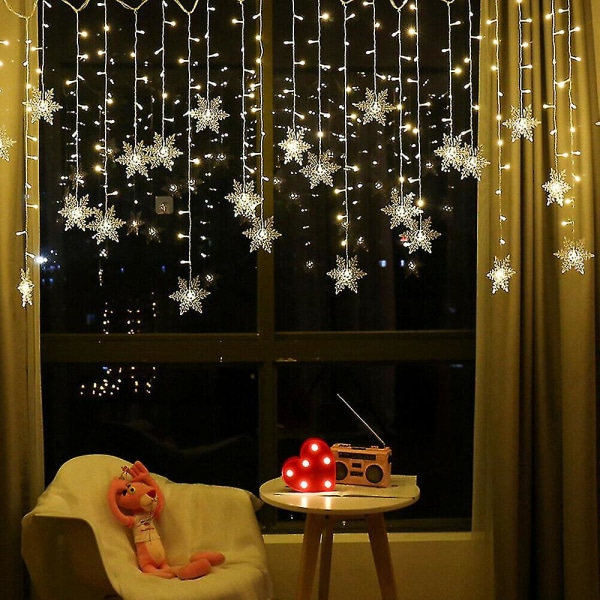 96 Led Snowflake Fairy String Lights Gardinvindu 8 Modi Julefestdekor US Varm farge US Warm Color