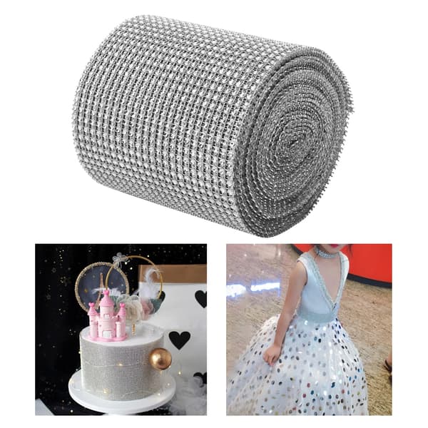 9M 24 Rader Galvaniserad Plast Konstgjord Strass Mesh Bröllopsklänning Dekoration Silver
