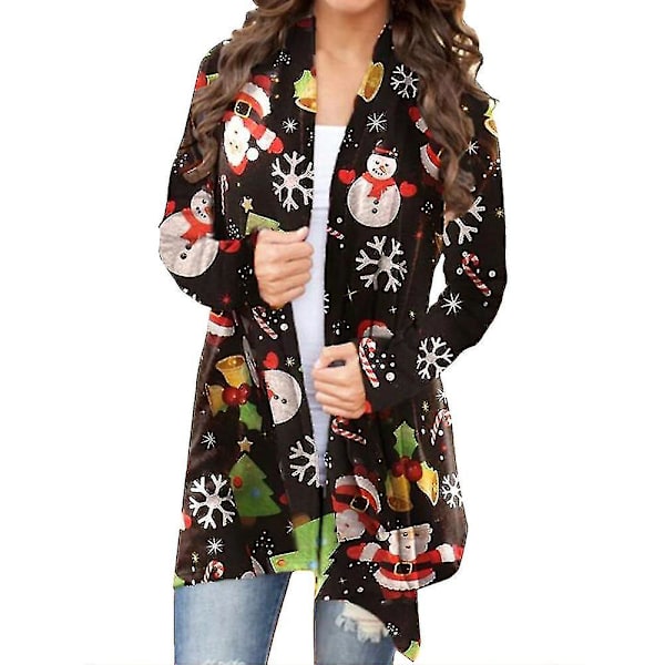 Hhcx-christmas Kvinner Åpen Front Coat Langermet Xmas Cardigan Jacket Topp Snowflakes On Black XL