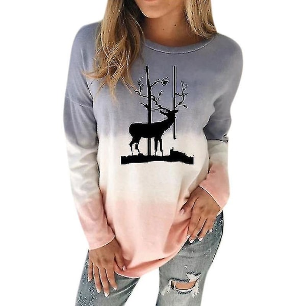 Hhcx-christmas Reindeer Women Xmas T-shirt Blouse Colourblock Jumper Top Blue  Grey M