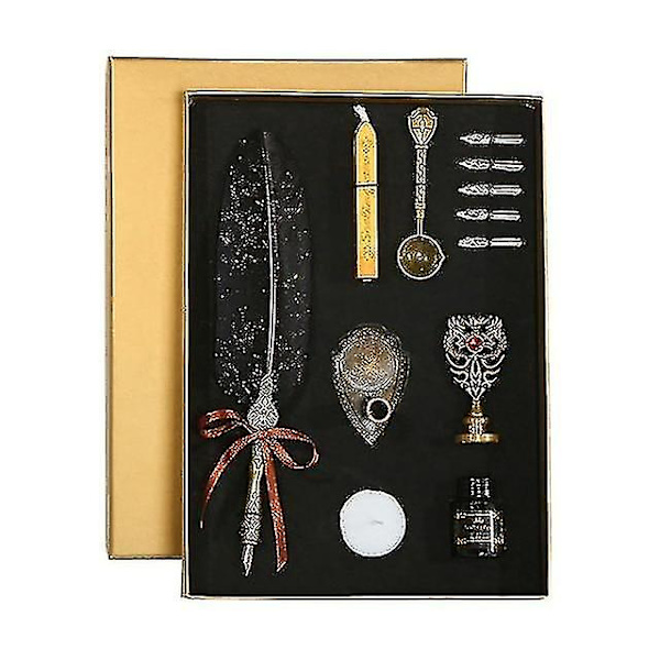 Vintage Retro Feather Pen Sæt Drys Gold Luxury Quill Dip Kalligrafi Fyldepen gaveæske Black