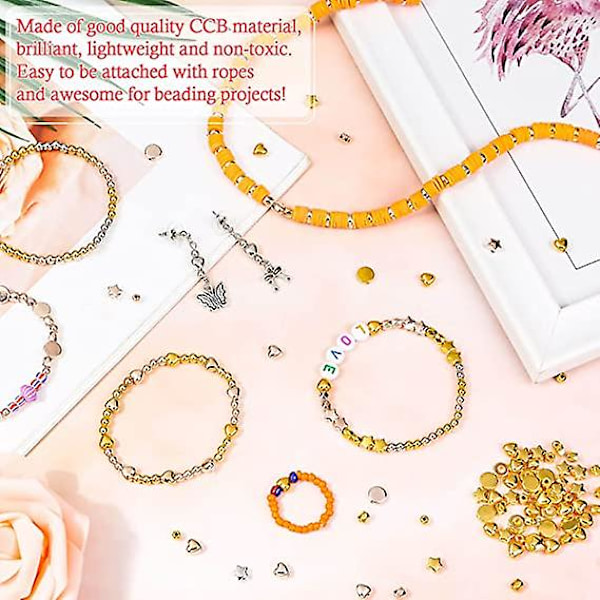 2160 bitar Gold Spacer Bead Set, Olika armbandspärlor, runda pärlor, stjärnpärlor, guldpärlor Armbandssmyckestillverkning (guld, silver, roséguld, Kc Gol CCB