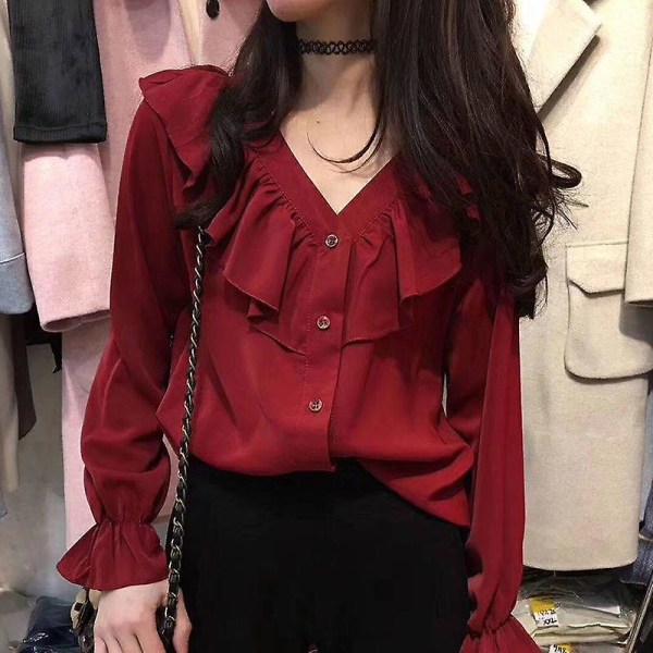 Blusar Skjortor Dam V-ringad volanger Chic Solid Flare Sleeve All-match Elegant enkelknäppt chiffong Koreansk stil Nytt mode red XL