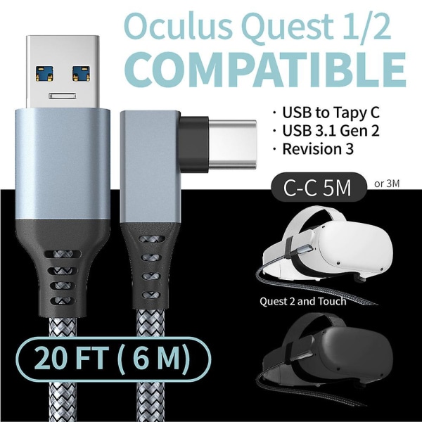 Linkkikaapeli Oculus Quest 2:lle, nopea lataus ja PC-tiedonsiirto USB C 3.2 Gen1 5gbps Pd Transfer latauskaapeli Vr-kuulokkeiden linkkikaapeli Grey 3M
