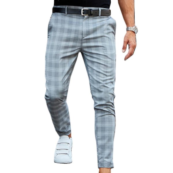 Män Rutig Chino Byxor Casual Business Formell Skinny Slim Fit Ruta byxor Dusty Blue S