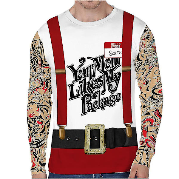 Hhcx-christmas Men Long Sleeve Pizza Elf Tuxedo Print T-shirt Xmas Novelty Top White L