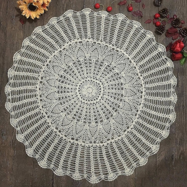 Handgjord virkad bomullsduk rund beige ihålig cover 70cm