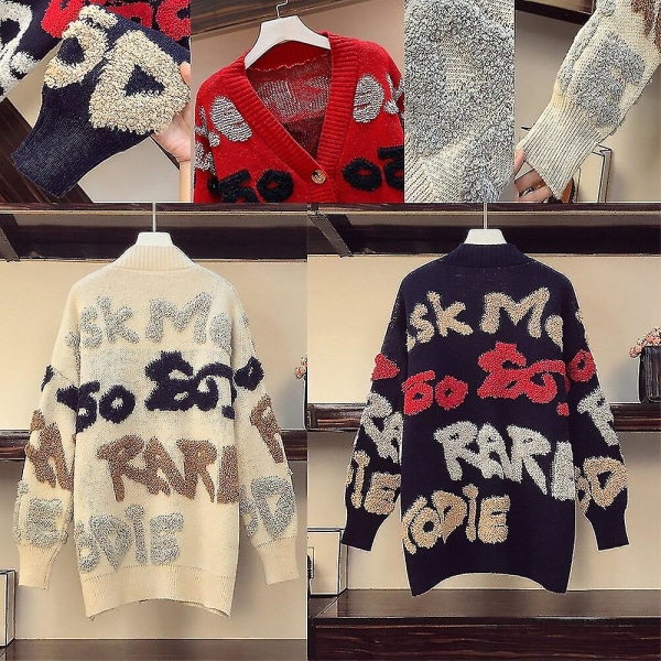 Afslappet cardigan store bogstaver stemplet dame og varm tyk sweater frakke Koreansk modetøj Strikket kjole strikket sweater vinter Color Caqui