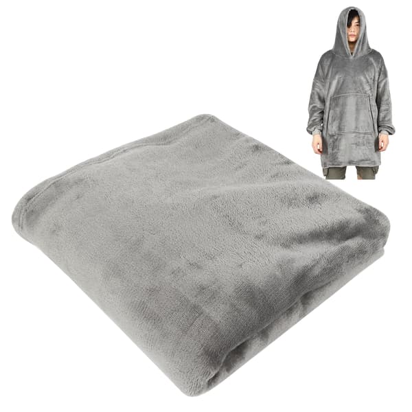 Oversized Fleecepledd-hettegenser med lomme, varm flanell, one size, grå