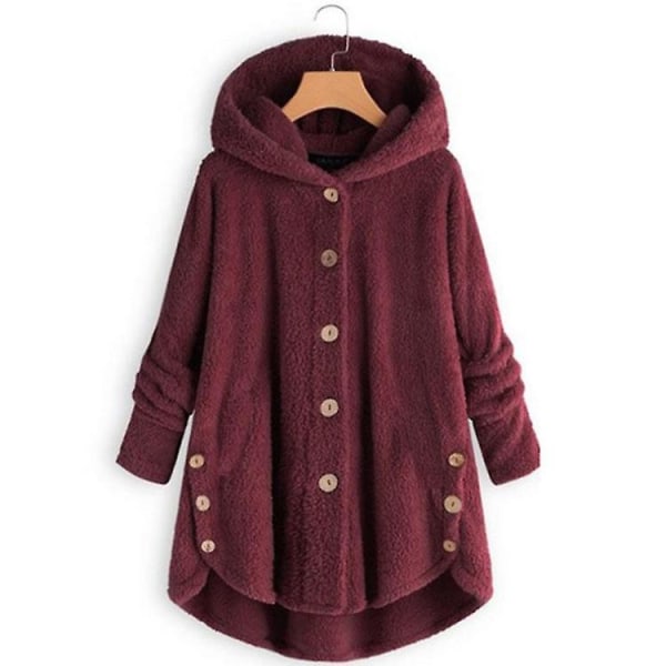 Damejakke Moteknapp Fluffy Ull Hettejakke Løs Vintervarme Plus Size Red wine 4XL