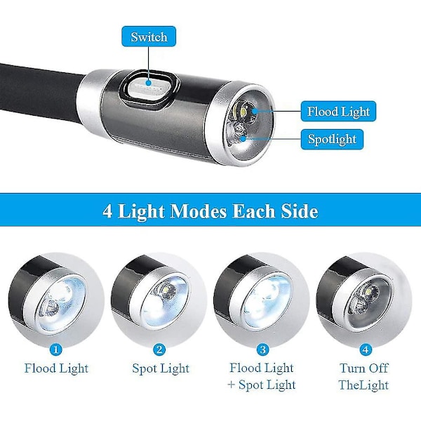Handsfree-led-läslampan som hänger runt halsen 4 led-lamppärlor, 4 växlarläge, du kan läsa på sängen eller i bilen (svart)