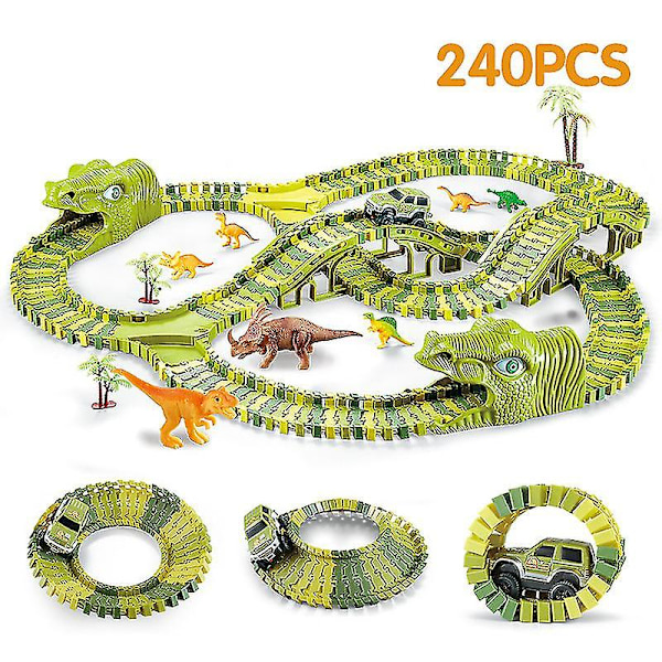 Hhcx Dinosaur Race Track Set Rail Car Less Assembly Bend Flex Racing Track Led Elektroninen Flash Light Autolelut lapsille 240pcs set