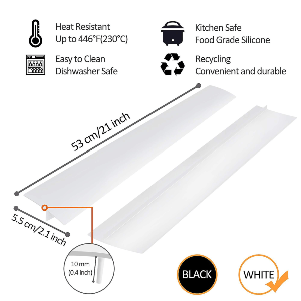 2 st Kökssilikonspis Counter Gap Filler Spill Bits Tätningslist för spis, 21 tum vit