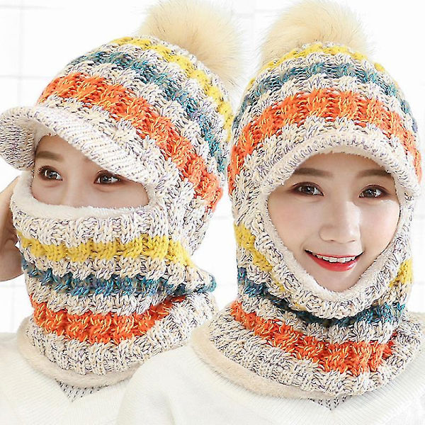 Dam Wooly Tjock Winter Stickad Hat Scarf Set Stickad Woolen Cap Beige