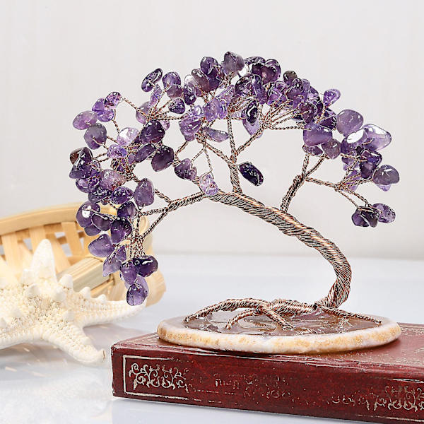 Käsintehty värillinen kristallirahapuu onnea ja vaurautta varten, hahmobonsai luonnollisella akaattilevyllä Amethyst