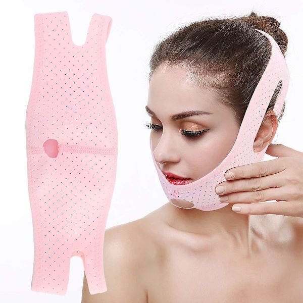 Elastiskt andningsbart formkonturkorrektionsbandage, justerbart ansiktsåtdragande lyftbälte Anti-rynk-V-ansiktsband (rosa)