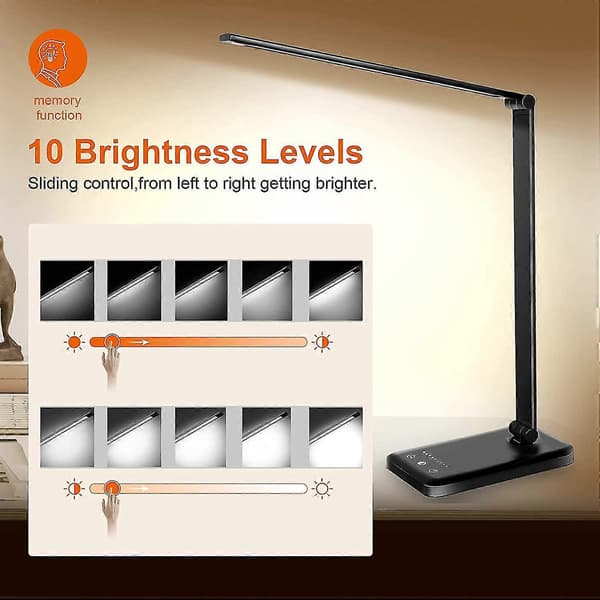 10-Lysstyrke 5-Modus LED Skrivebordslampe – USB Øyepleie Timer Sammenleggbar