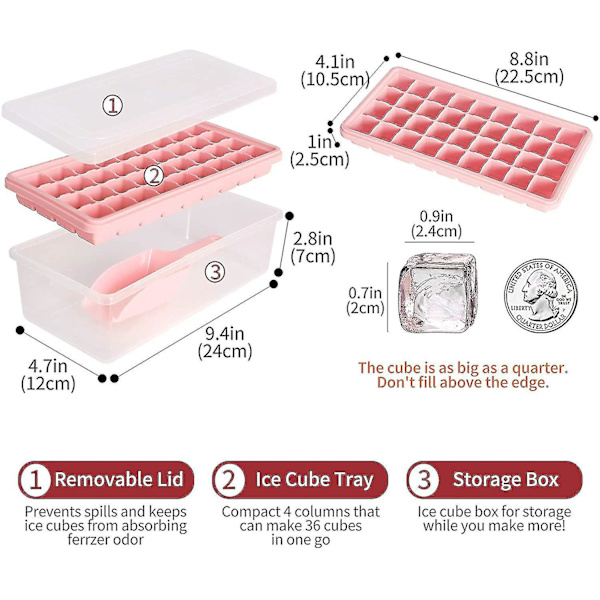 Ice Cube Fack Lock Och Bin Silikon Is Fack Med Skopa 33 grids Pink