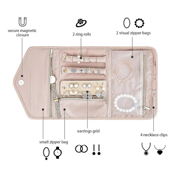 Rejsesmykkearrangørrulle Sammenfoldelig smykkeetui til rejse-ringe, halskæder, armbånd, øreringe Pink