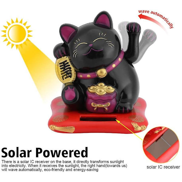 Fortune Lucky Wealth Indbydende kat vinkende arm Solar Powered For Display Bilindretning Black