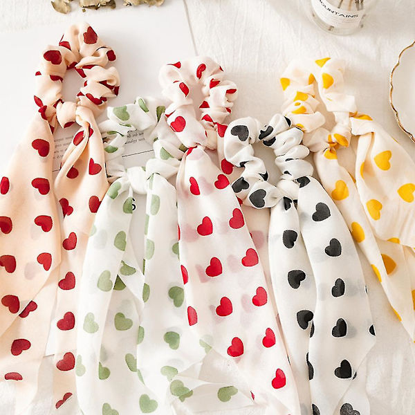 Kvinde Peach Heart Print Scrunchies Langt bånd tørklæde Elastisk hestehale hårbånd Rød Red