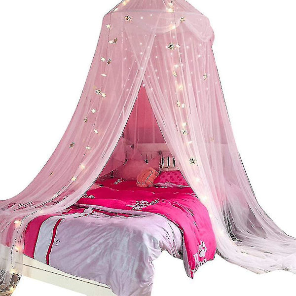 Prinsessans sänghimmel med ljus Gardin Myggnät Med Guldstjärna För flickor Barn Sovrumsdekoration Passar för Twin Enkel Full Queen Size White star
