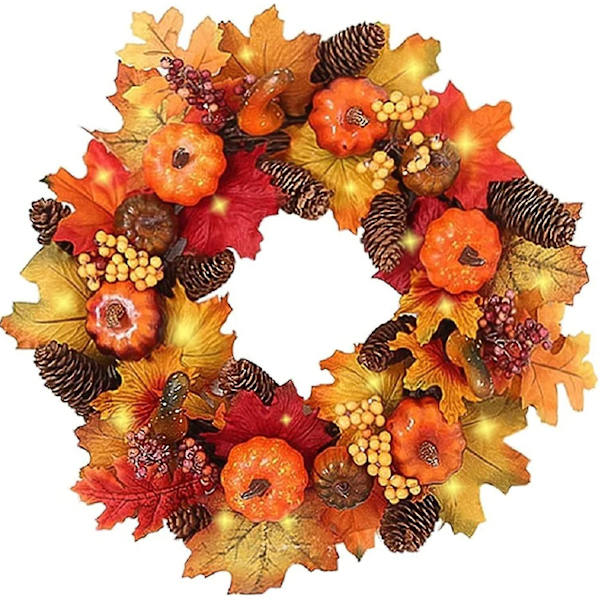 Höstkransar Med Led Ljus 40cm Höst Lönnblad Pumpa Bär Garland Konstgjord blomsterkrans Ytterdörr för Halloween Jul Thanksgiving Wall