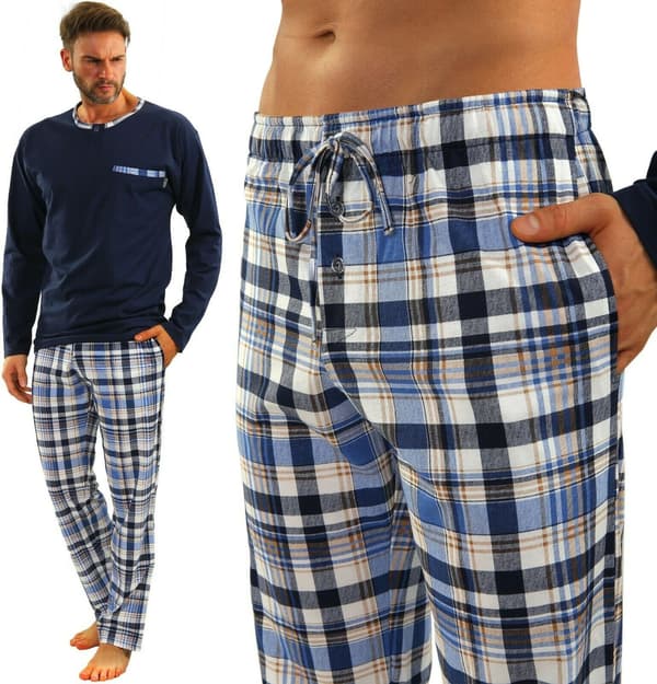 【BQ】Sesto Senso herrpyjamas 100 % bomull långärmad + pyjamasbyxor nattkläder - 2188/17 marinblå - L