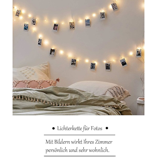 10m 100 Led Fairy Lights med 50 bitar clips för foton, varmvitt