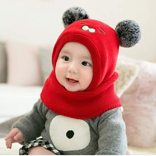 Baby Slouchy Lue Varm Søt Bjørn Vinterlue Skjerf Lue Strikket Lue Med Bobble Fleece Fôret Beanie Lue Red