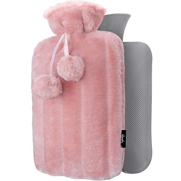 Hot Water Bottle With Cover - Soft Premium Fluffy Cover - Large Hot Water Bottle With Cover With Pompons - Hot Water Bottle For Children, Bed Bottle