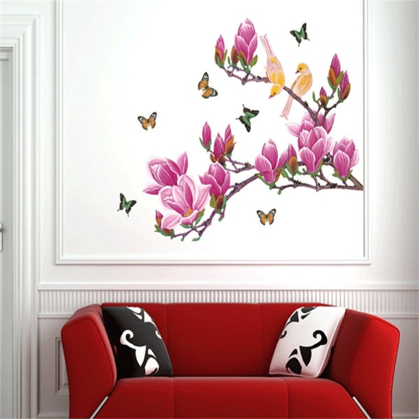 väggtatuering röd magnolia fjäril fågel väggdekal