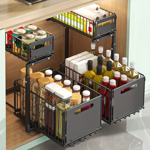 【BQ】2-Tier Pull-Out Storage Basket No Drilling Foldable Metal Sliding Organizer for Under Sink Cabinet